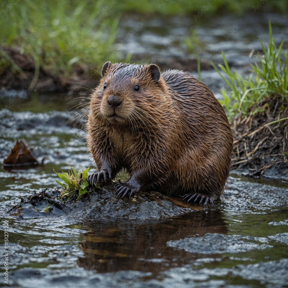 A baby beaver building a small dam.
A baby beaver building a small dam.