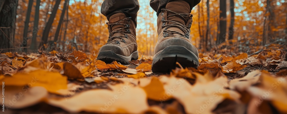 Close-up of hiking boots stepping on a trail covered with golden autumn leaves feet walking in a quiet forest park surrounded by rich fall foliage Close-up of hiking boots stepping on a trail covered with golden autumn leaves feet walking in a quiet forest park surrounded by rich fall foliage