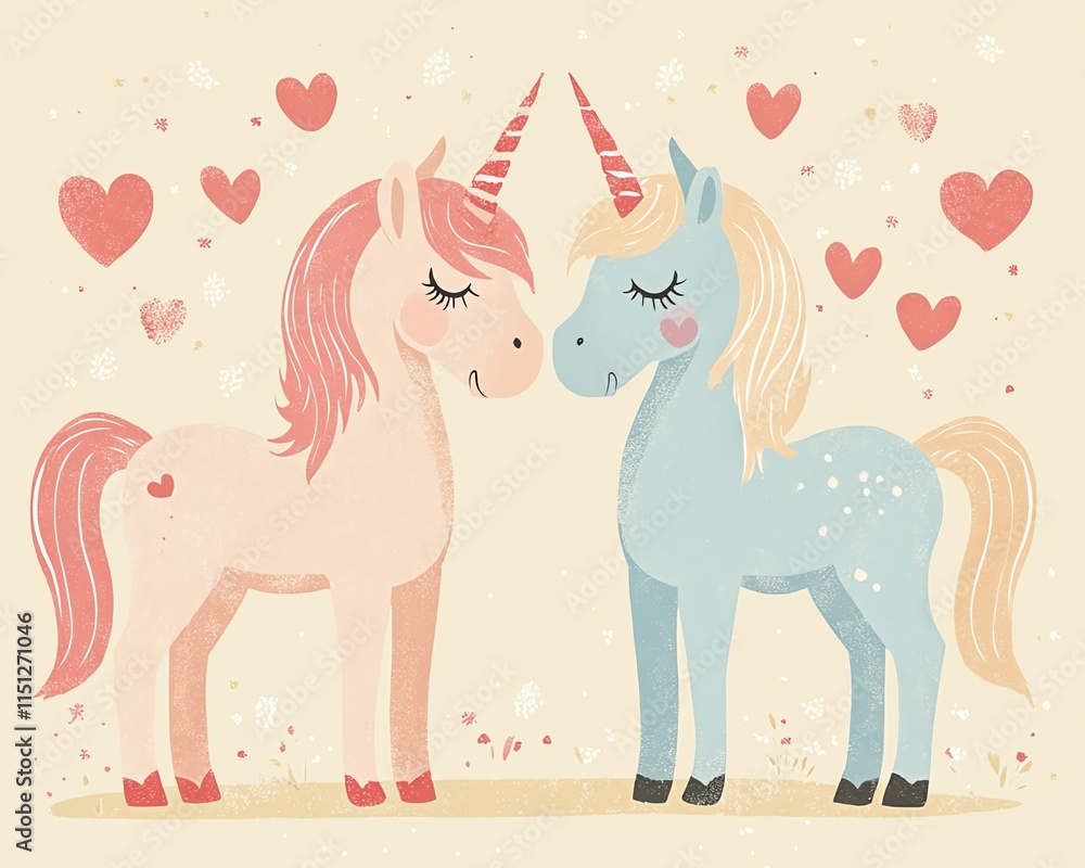 Fototapeta premium Charming cute unicorns in soft pastel colors, radiating love and joy, perfect for Valentine s Day nursery art, with hearts and whimsical details