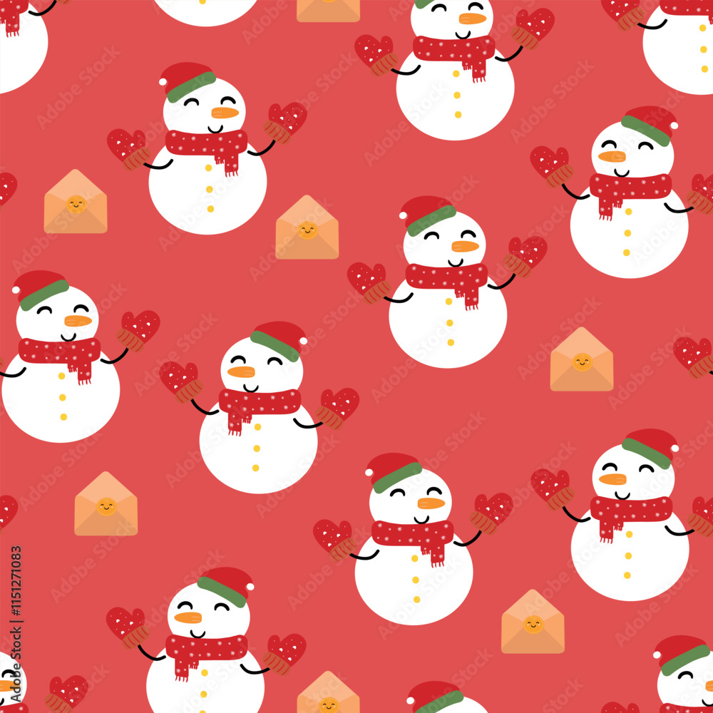 Seamless pattern cartoon snowman wearing a red scarf. cute christmas and winter wallpaper for fabric print, gift wrap paper Seamless pattern cartoon snowman wearing a red scarf. cute christmas and winter wallpaper for fabric print, gift wrap paper