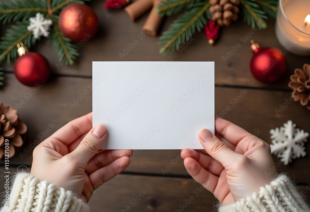 Hand holding empty christmas card on background with fir branches, red berries and gift box. Christmas card mock up. Merry Christmas. Season greeting postcard template
Hand holding empty christmas card on background with fir branches, red berries and gift box. Christmas card mock up. Merry Christmas. Season greeting postcard template