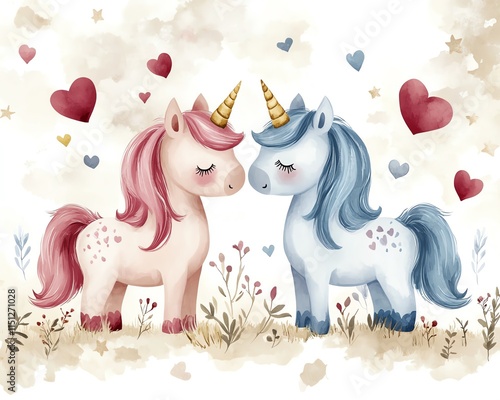 Charming cute unicorns in soft pastel colors, radiating love and joy, perfect for Valentine s Day nursery art, with hearts and whimsical details photo