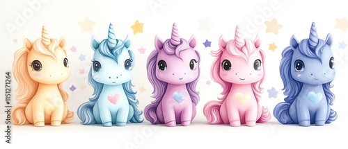 Colorful and cute unicorns with pastel shades, hearts, and stars, perfect for Valentines Day and children s room decor in a whimsical, charming style photo