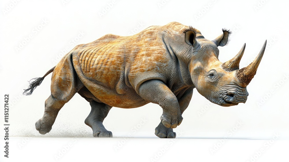 Fototapeta premium A powerful rhinoceros charging, dust flying, isolated on white background.