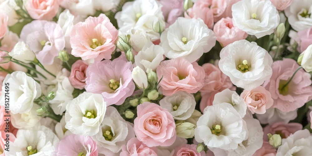 Obraz premium Delicate pink and white Eustoma flower bouquet beautifully arranged, showcasing the elegance of Eustoma blooms in a stunning floral display perfect for various occasions.