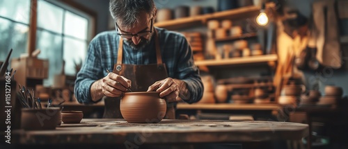 Craft business showcasing handmade pottery collection with closeup of hands stitching leather, surrounded by rustic tools and warm lighting, perfect for a cozy homebased workshop photo