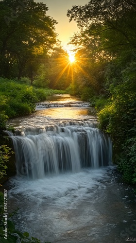 Serene landscape featuring a waterfall at sunset, surrounded by lush greenery.