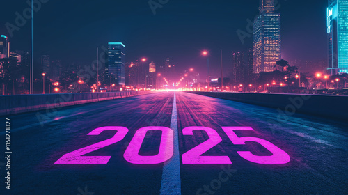 Glowing pink '2025' written on a futuristic asphalt road, showcasing a vibrant and dynamic perspective for New Year themes