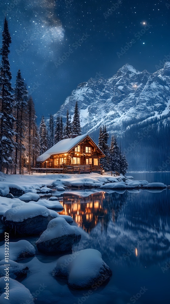 Fototapeta premium Cozy wooden cabin in snow-covered mountains under a starry night sky.