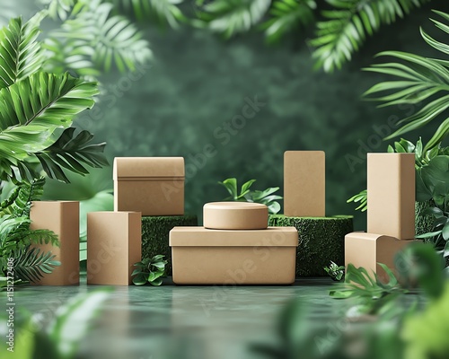 Ecofriendly packaging in a lush, green environment, featuring natural textures and sustainable materials, perfect for a creative 3D branding mockup photo