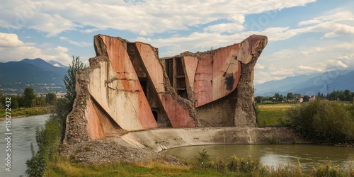 Evocative image of a large scale environmental art piece, the Cretto di Burri, created on ruins to pay tribute to a historic earthquake, showcasing the impact of art on transformation and memory. photo