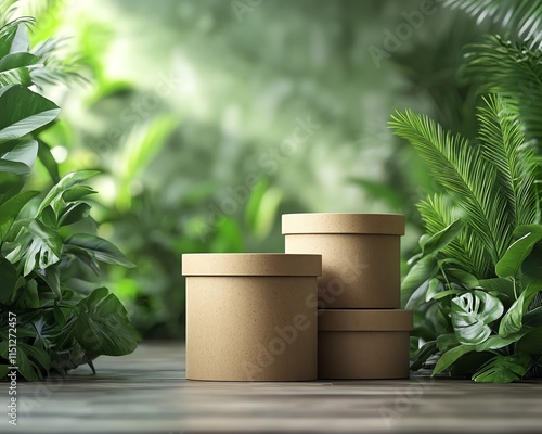 Ecofriendly packaging in a lush, green environment, featuring natural textures and sustainable materials, perfect for a creative 3D branding mockup photo