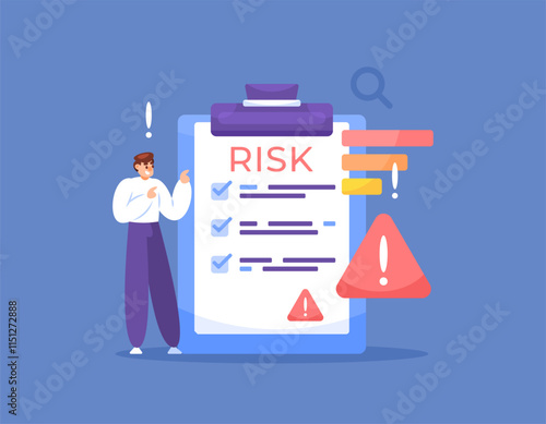 risk checklist concept. risk management to reduce the risk of accidents and errors. information. illustration of a man or businessman looking at a hazard list on a clipboard. flat design style