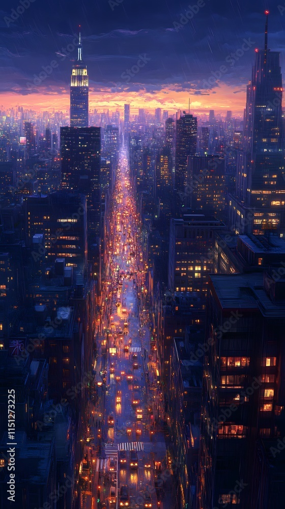 Obraz premium Breathtaking cityscape at twilight with glowing skyscrapers and busy streets.