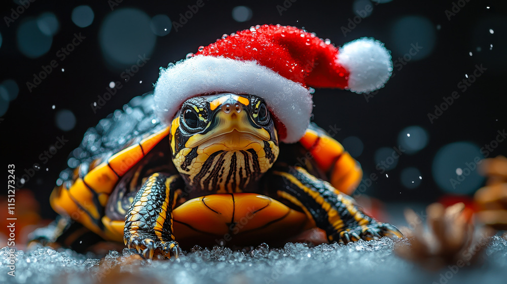 Festive Turtle in Christmas Hat Celebrating New Year with Raindrops and Holiday Cheer Festive Turtle in Christmas Hat Celebrating New Year with Raindrops and Holiday Cheer
