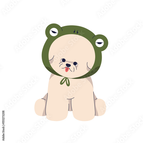 Bichon Frise puppy. Cute funny dog breed, wearing frog hood. Canine pet sitti...