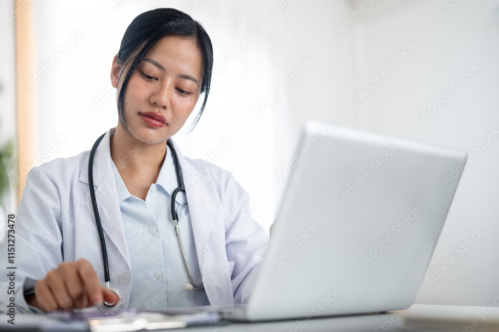 A confident Asian female doctor working on her laptop at her desk in the office in the hospital. A confident Asian female doctor working on her laptop at her desk in the office in the hospital.