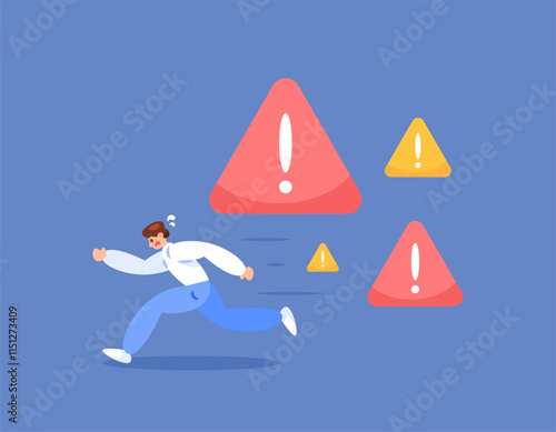 risk and danger concept. getting a warning of danger. avoiding accidents and problems. running away from problems. illustration of a man running and being chased by a warning of danger. flat style