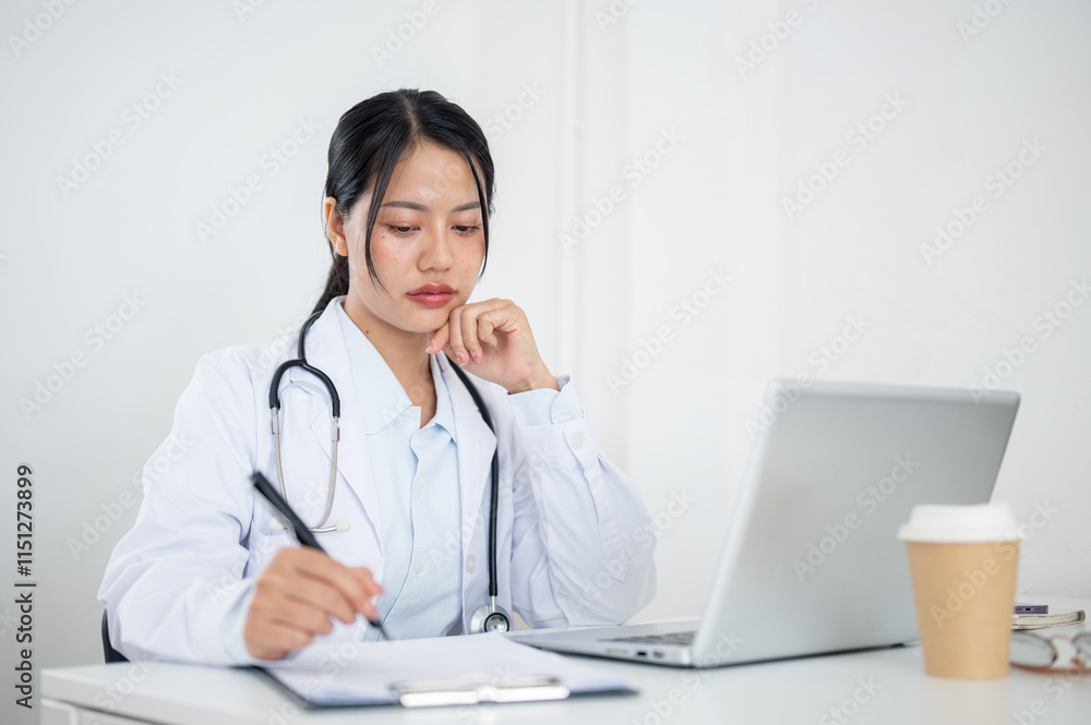 A doctor focused on reading medical cases in paper and on her laptop, working at her desk. A doctor focused on reading medical cases in paper and on her laptop, working at her desk.