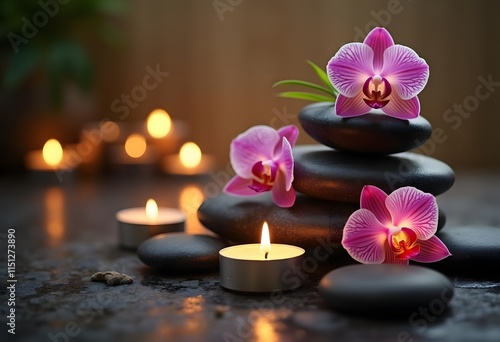 Zen basalt stones and bamboo on the wood
