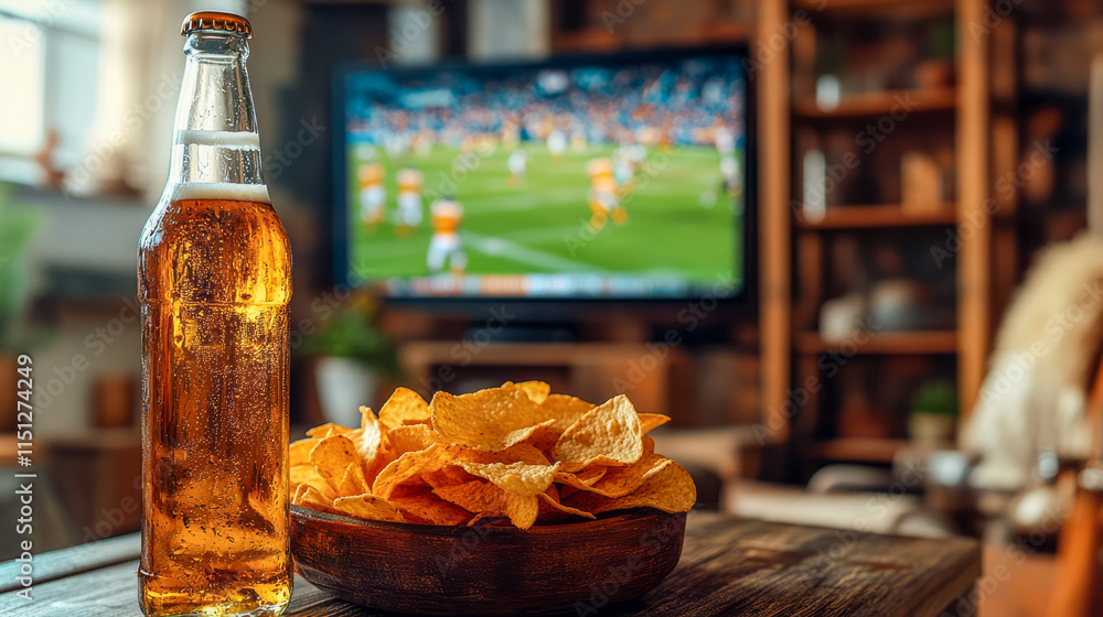Chilled beer and crispy chips for a perfect game night at home Chilled beer and crispy chips for a perfect game night at home