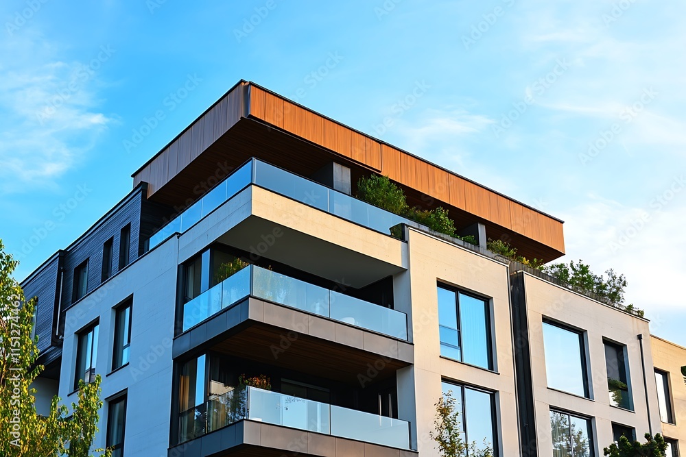 Modern Apartment Building Facade. Concept of urban living, contemporary architecture, and residential design. Modern Apartment Building Facade. Concept of urban living, contemporary architecture, and residential design.