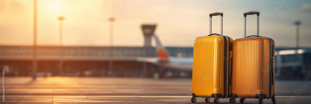 Two Bright Yellow Suitcases at the Airport During Sunrise Two Bright Yellow Suitcases at the Airport During Sunrise
