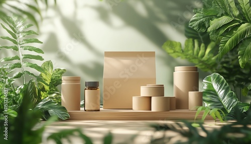 Sustainable packaging mockup in a natural setting, surrounded by fresh greenery and natural elements, perfect for ecofriendly branding concepts and 3D design photo