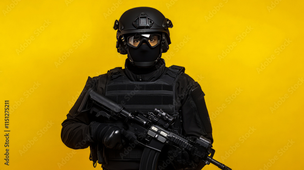 Masked tactical officer in black gear holding rifle on yellow background Masked tactical officer in black gear holding rifle on yellow background