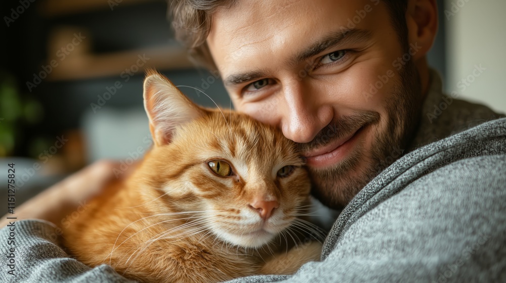 smiling handsome Caucasian man snuggling with his ginger cat with gentle hug smiling handsome Caucasian man snuggling with his ginger cat with gentle hug