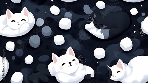 Whimsical cats relaxing on marshmallow pillows in a field of glowing gumdrops and swirling peppermint pathways, soft pastel colors, dreamy and cheerful vibe, hd quality. --ar 16:9 --sref https://s.mj.