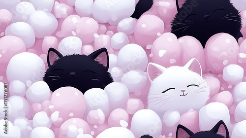 Whimsical cats relaxing on marshmallow pillows in a field of glowing gumdrops and swirling peppermint pathways, soft pastel colors, dreamy and cheerful vibe, hd quality. --ar 16:9 --sref https://s.mj.