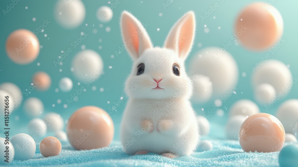 A cute white rabbit stands in a teal winter landscape, surrounded by colorful spheres, creating a vibrant and playful atmosphere filled with whimsy and charm A cute white rabbit stands in a teal winter landscape, surrounded by colorful spheres, creating a vibrant and playful atmosphere filled with whimsy and charm