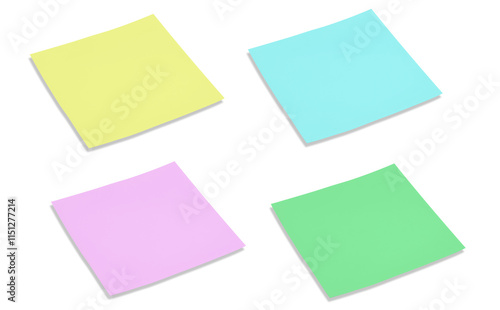 Sticky notes in assorted vibrant hues set against a white backdrop. Blank note.