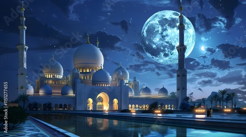 luxurious and magnificent mosque building, with a large and beautiful garden, with a beautiful view of the full moon at night photo