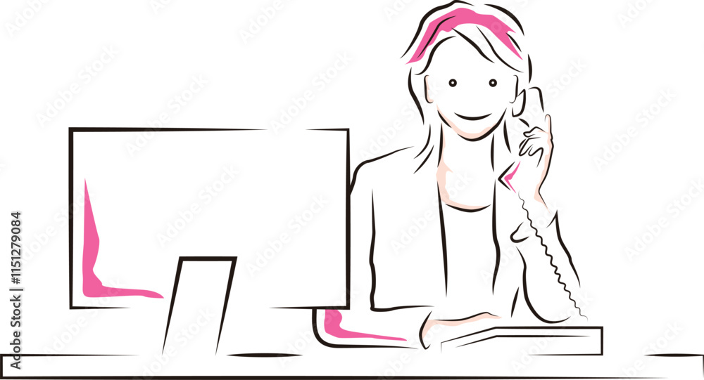 オフィスのデスクで電話をするビジネスウーマンのイラスト