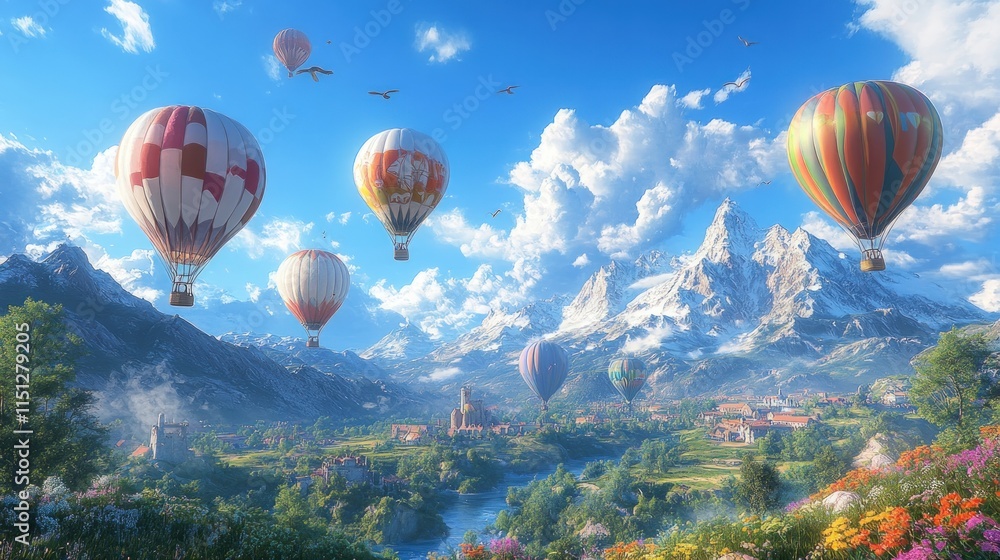 Fototapeta premium Hot air balloons soar over idyllic mountain village.