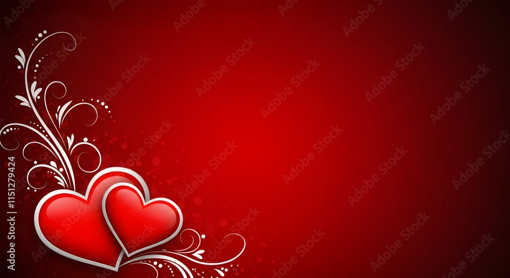 Romantic Two Red Hearts with Floral Design on Red Background Romantic Two Red Hearts with Floral Design on Red Background