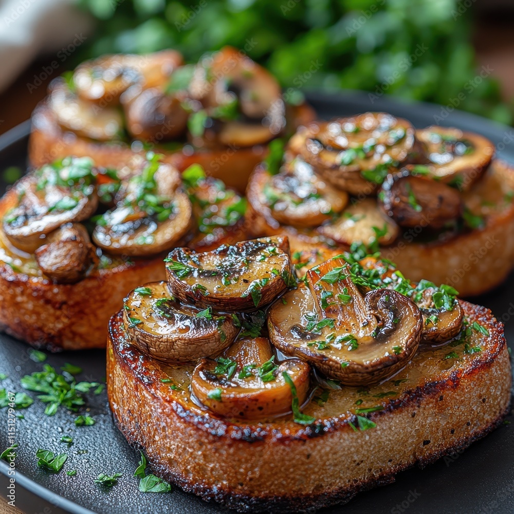 Roasted garlic and mushroom bruschetta garnished with fresh herbs Roasted garlic and mushroom bruschetta garnished with fresh herbs