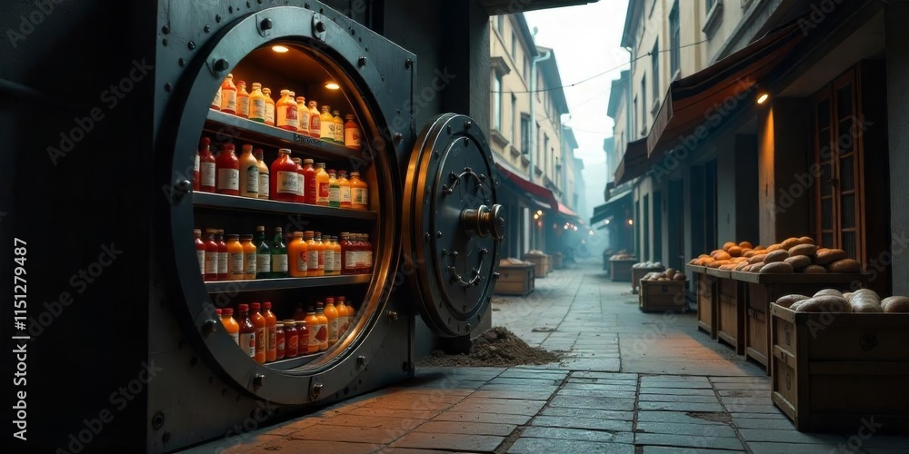 Fototapeta premium Large vault door opening to reveal shelves of colorful bottles in a quaint alley with market stalls
