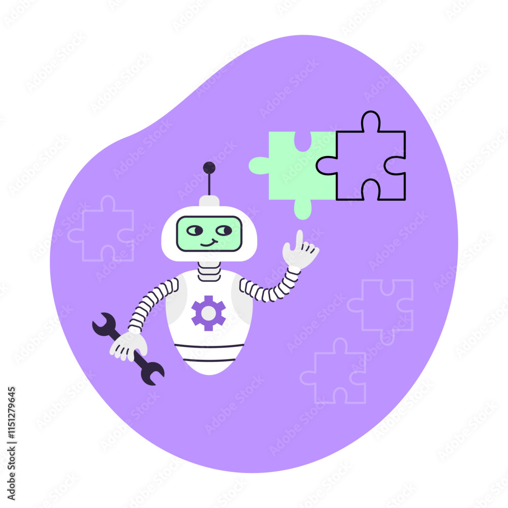AI robot assembles puzzle. Artificial Intelligence Virtual Assistant. Business and Education Concept. Isolated vector illustration. AI robot assembles puzzle. Artificial Intelligence Virtual Assistant. Business and Education Concept. Isolated vector illustration.