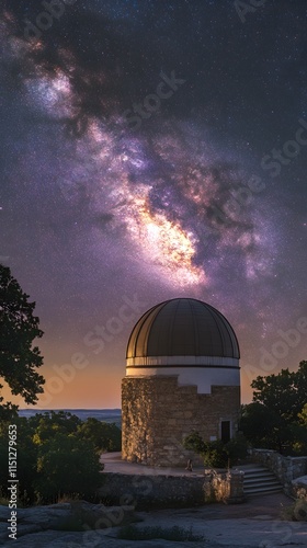 Night view of a historic observatory under a star-filled sky. photo