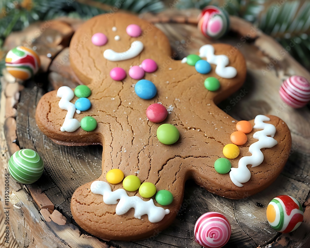 A close-up of a gingerbread man cookie, decorated with colorful icing and candy, placed on a rustic wooden surface with holiday-themed props. A close-up of a gingerbread man cookie, decorated with colorful icing and candy, placed on a rustic wooden surface with holiday-themed props.