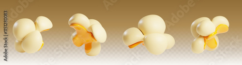 3d popcorn isolated. Realistic cinema kernel icon. Flying caramel pop corn set. Sweet or salt movie snack flake on transparent background. Cooked tasty and delicious food for party with butter