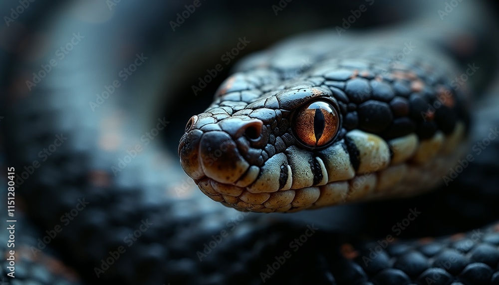 Macro shot of a snake's eye showcasing intricate scales and depth with coiled body hints in the background Macro shot of a snake's eye showcasing intricate scales and depth with coiled body hints in the background