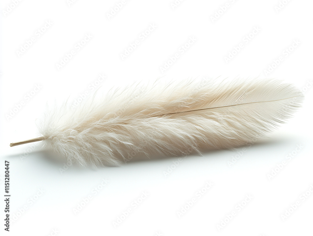 Single white feather, delicate texture, soft and fluffy on pure white background Single white feather, delicate texture, soft and fluffy on pure white background