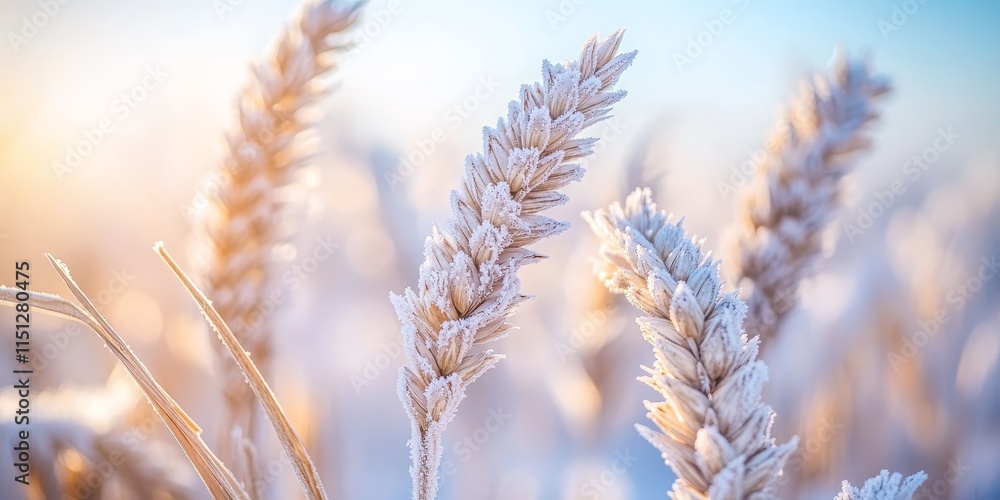 Fototapeta premium Frost covered wheat stalks glisten in the morning light, showcasing the beauty of nature. This high quality photo captures the delicate frost on wheat stalks in a serene landscape.