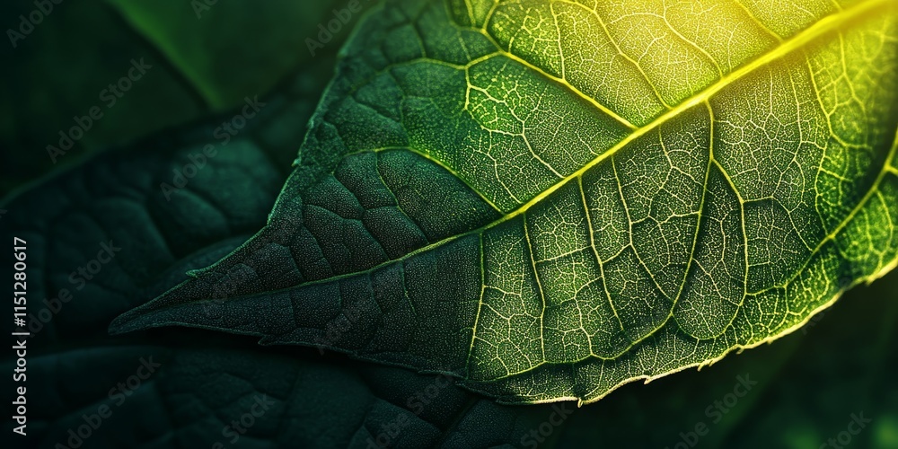 Obraz premium A detailed view of a vibrant green leaf illuminated by sunlight showcases its rich texture and natural beauty. The leafs texture appears more vivid under the glowing light.