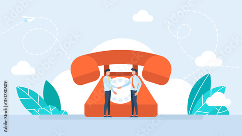 Concluding a deal over the phone. Transaction. Two men shake hands. Businessman handshaking on smartphone. Business partnership. Handshake after successful negotiations. Vector illustration