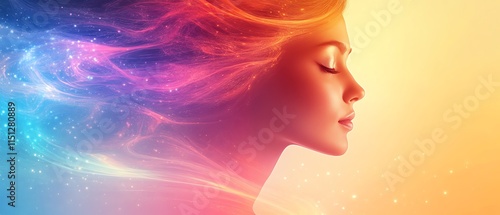 Woman s head fading into a rainbow flow, with soft gradient colors and a surreal ambiance, perfect for abstract and experimental art photo